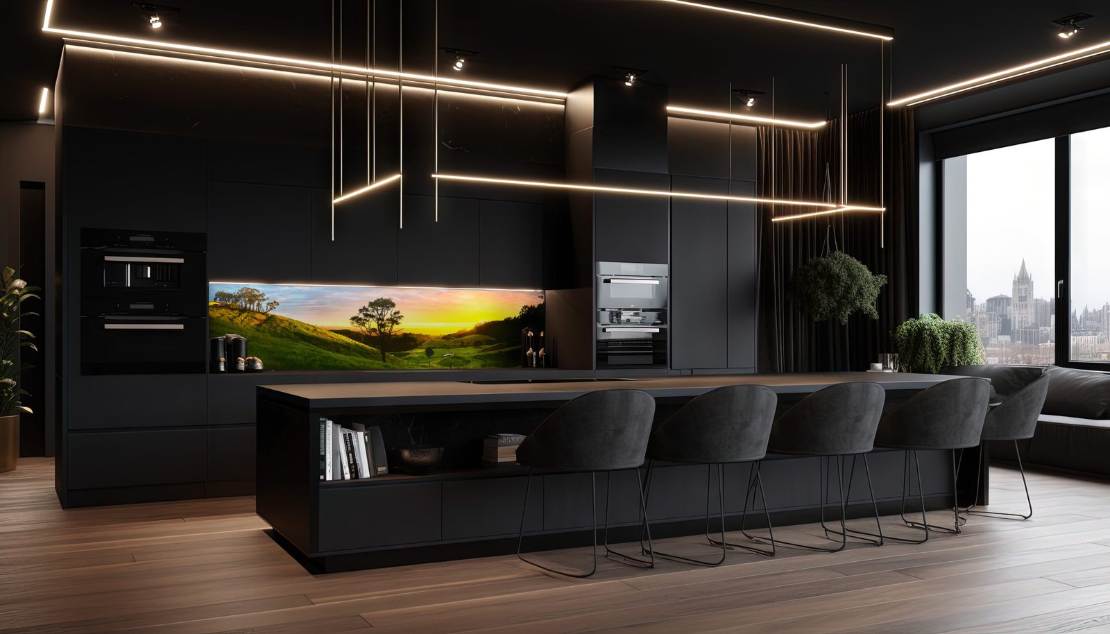 a large, ultra-modern apartment with a stylish, modern kitchen d