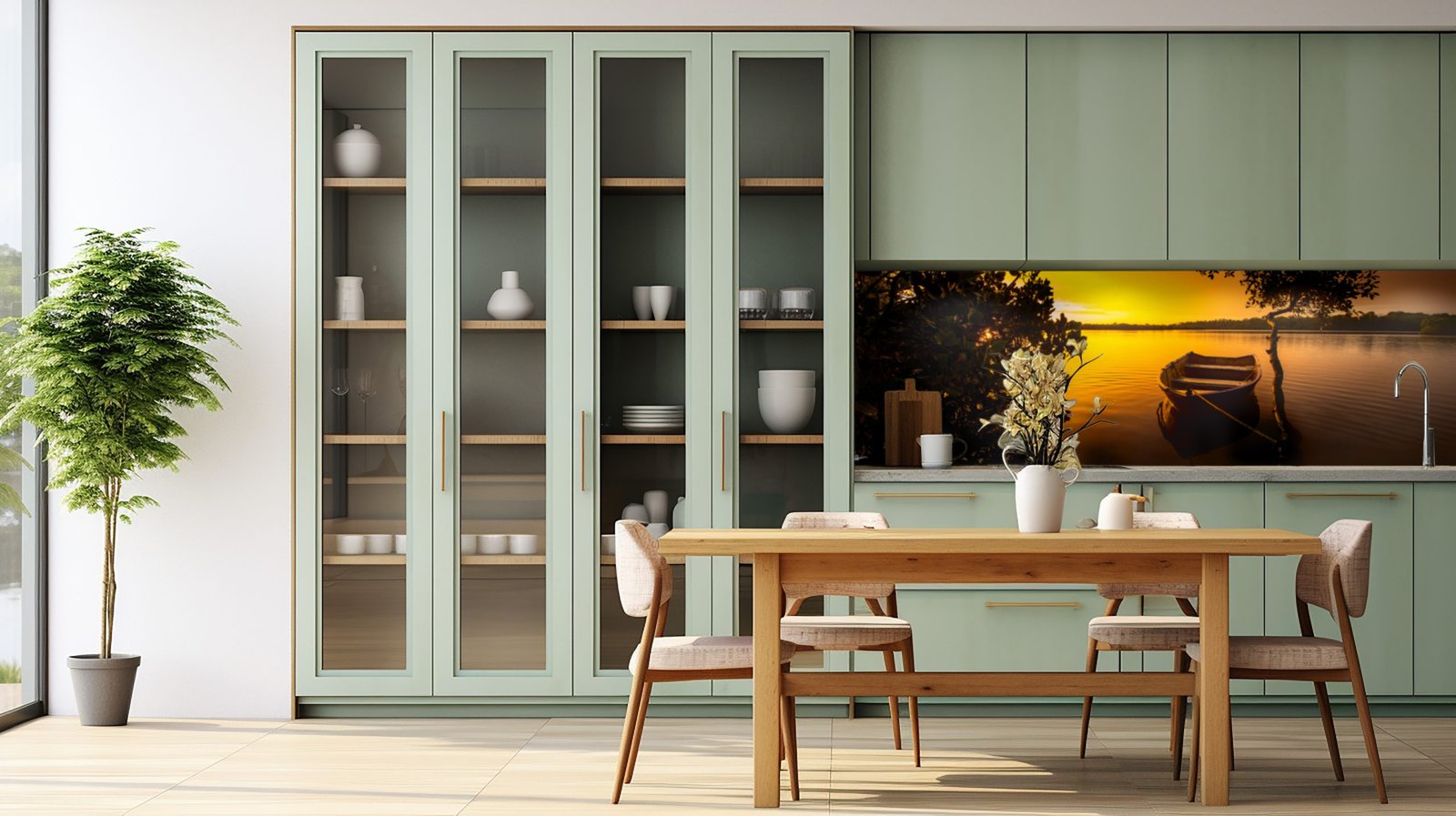 modern design glass door wall panel between kitchen and sage green cabinet